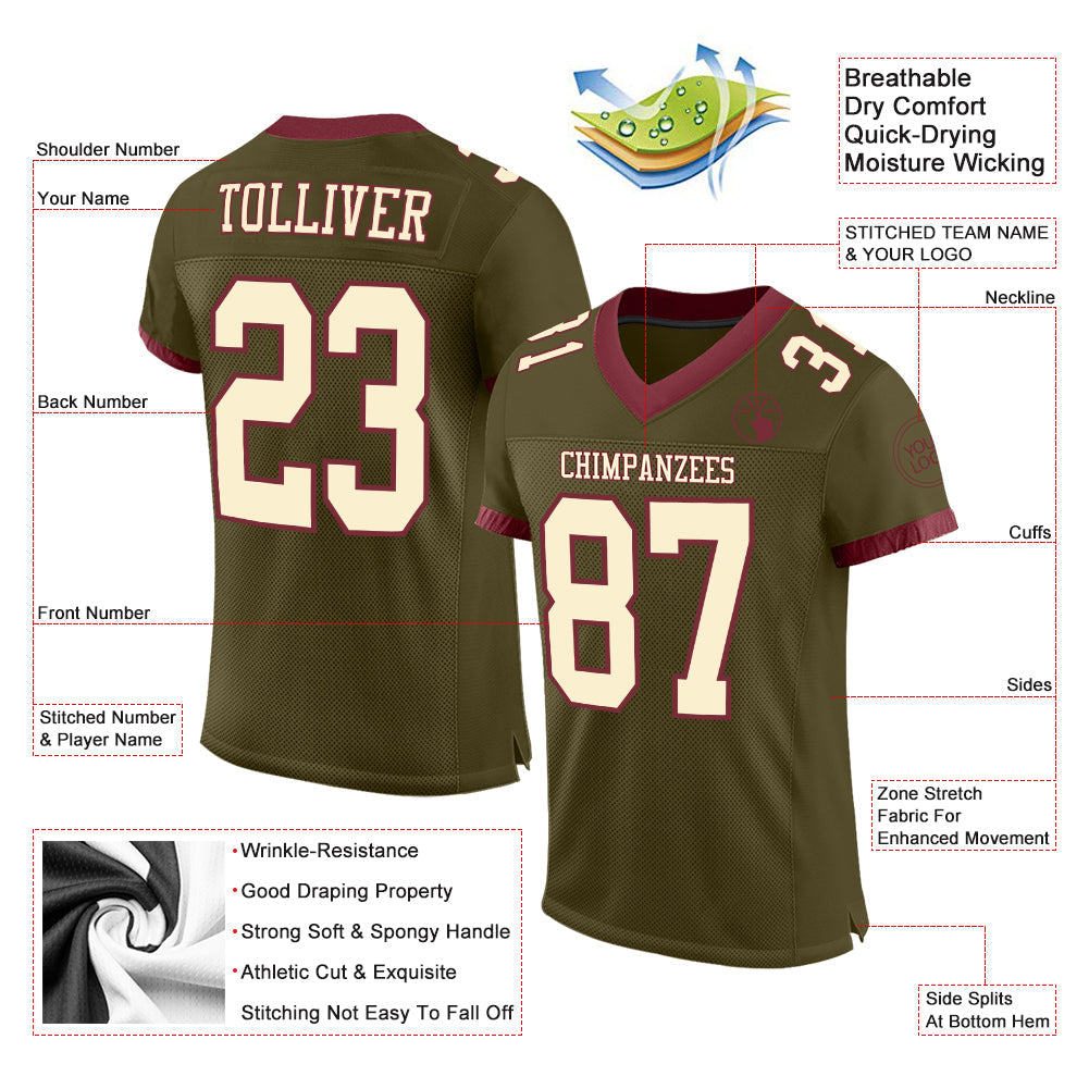 Custom Olive Cream-Burgundy Mesh Authentic Salute To Service Football Jersey - Sky-Custom