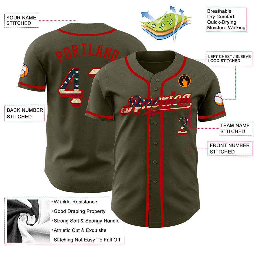 Custom Olive Vintage USA Flag-Red Authentic Salute To Service Baseball Jersey - Sky-Custom