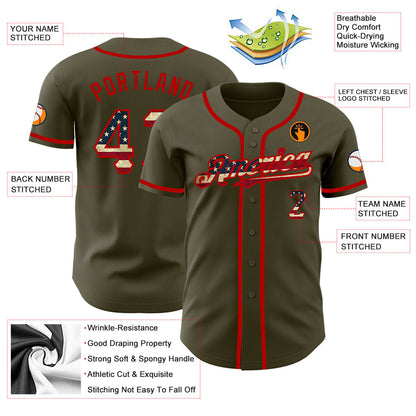 Custom Olive Vintage USA Flag-Red Authentic Salute To Service Baseball Jersey - Sky-Custom