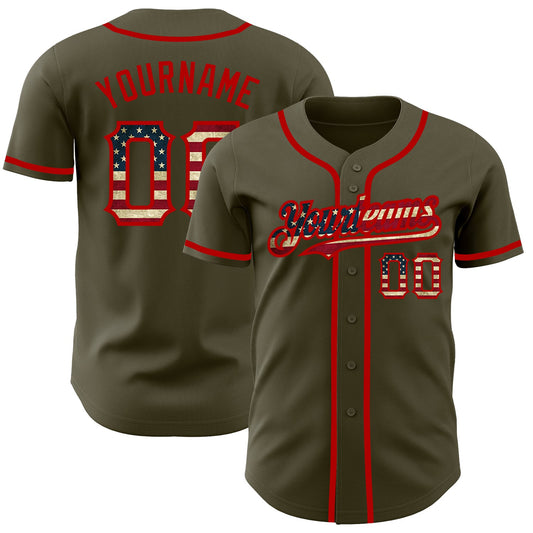 Custom Olive Vintage USA Flag-Red Authentic Salute To Service Baseball Jersey - Sky-Custom