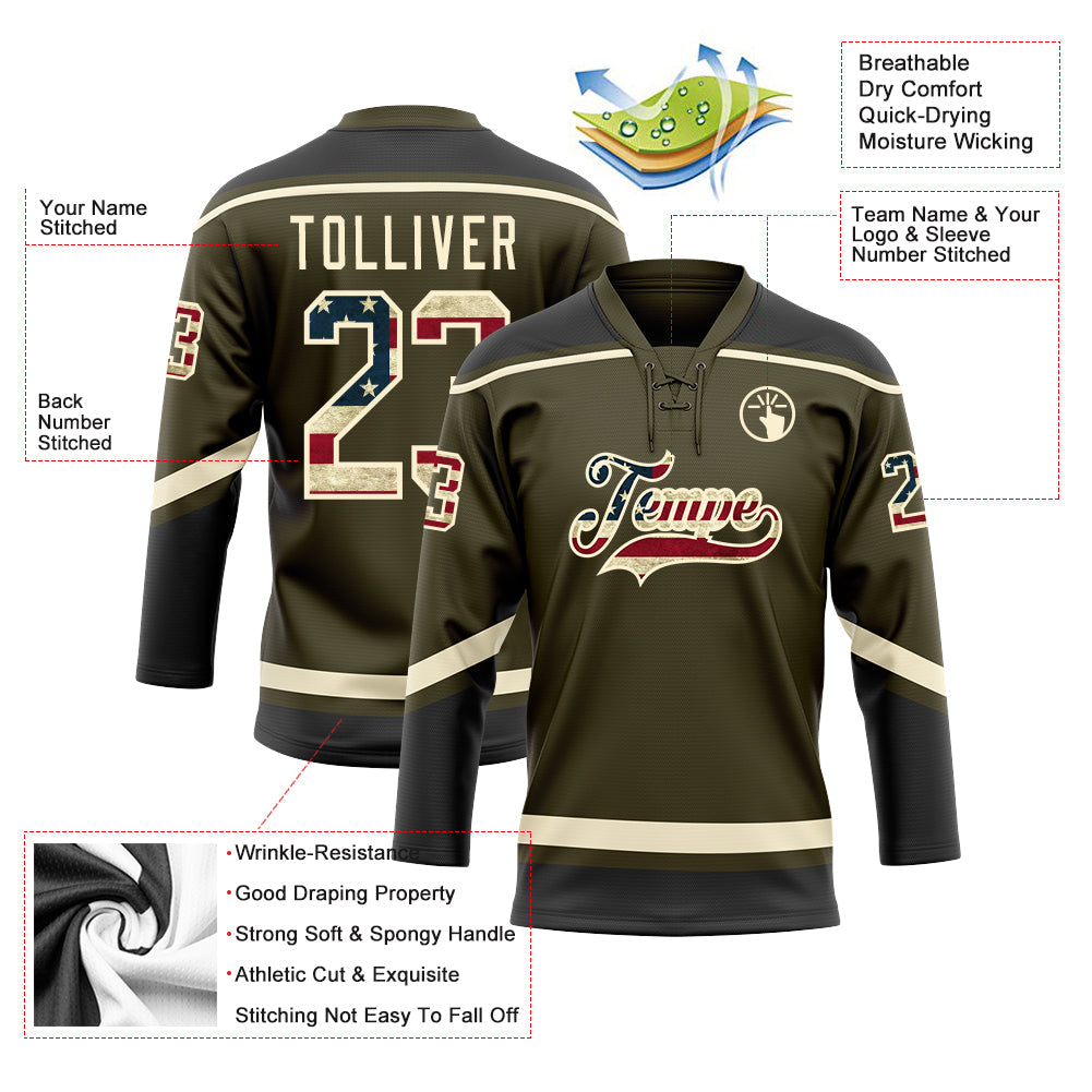 Custom Olive Vintage USA Flag Cream-Black Salute To Service Hockey Lace Neck Jersey - Sky-Custom