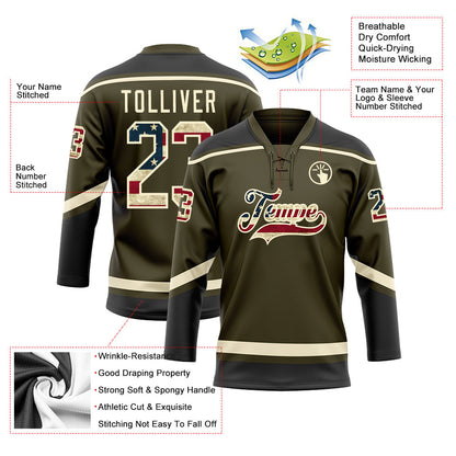 Custom Olive Vintage USA Flag Cream-Black Salute To Service Hockey Lace Neck Jersey - Sky-Custom