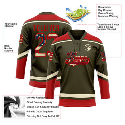 Custom Olive Vintage USA Flag Red-Cream Salute To Service Hockey Lace Neck Jersey - Sky-Custom