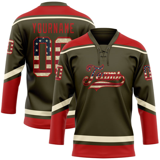 Custom Olive Vintage USA Flag Red-Cream Salute To Service Hockey Lace Neck Jersey - Sky-Custom