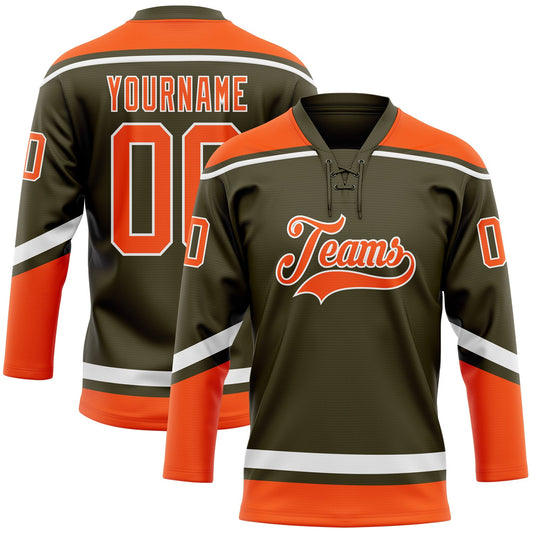 Custom Olive Orange-White Salute To Service Hockey Lace Neck Jersey - Sky-Custom