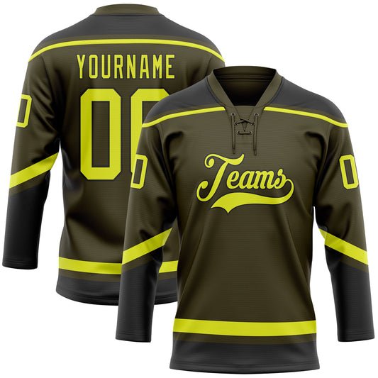 Custom Olive Neon Yellow-Black Salute To Service Hockey Lace Neck Jersey - Sky-Custom