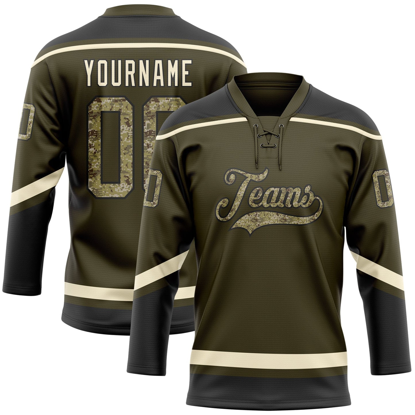 Custom Olive Camo Black-Cream Salute To Service Hockey Lace Neck Jersey - Sky-Custom