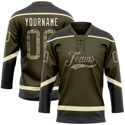 Custom Olive Camo Black-Cream Salute To Service Hockey Lace Neck Jersey - Sky-Custom