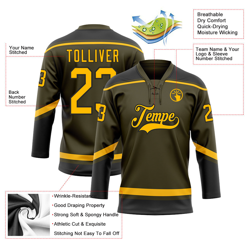 Custom Olive Gold-Black Salute To Service Hockey Lace Neck Jersey - Sky-Custom