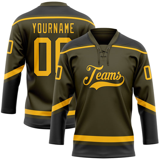 Custom Olive Gold-Black Salute To Service Hockey Lace Neck Jersey - Sky-Custom
