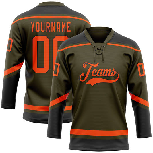 Custom Olive Orange-Black Salute To Service Hockey Lace Neck Jersey - Sky-Custom