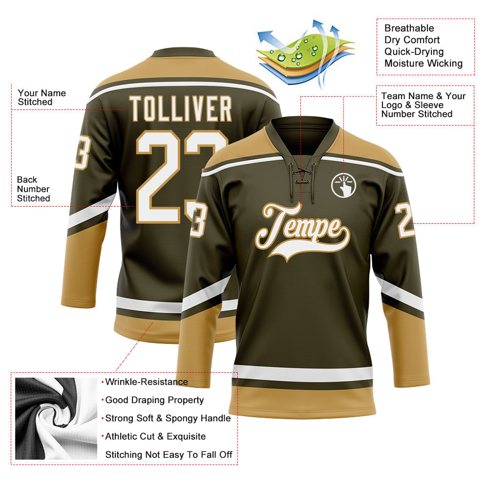 Custom Olive White-Old Gold Salute To Service Hockey Lace Neck Jersey - Sky-Custom