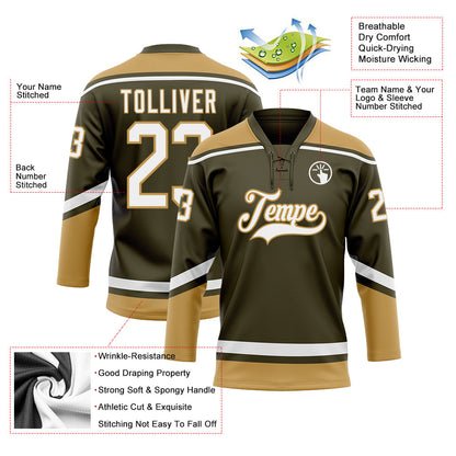 Custom Olive White-Old Gold Salute To Service Hockey Lace Neck Jersey - Sky-Custom