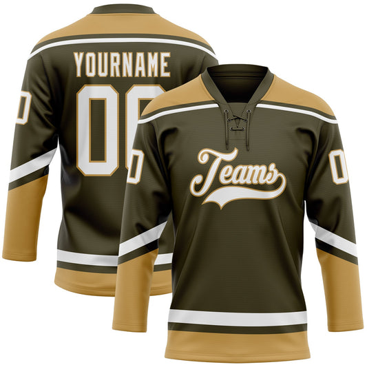 Custom Olive White-Old Gold Salute To Service Hockey Lace Neck Jersey - Sky-Custom