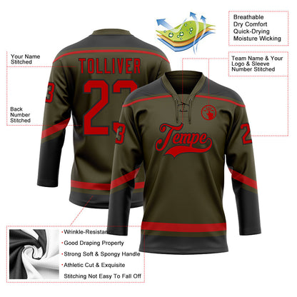 Custom Olive Red-Black Salute To Service Hockey Lace Neck Jersey - Sky-Custom