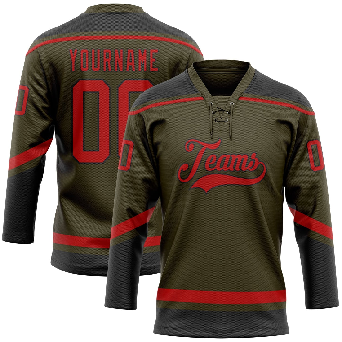 Custom Olive Red-Black Salute To Service Hockey Lace Neck Jersey - Sky-Custom