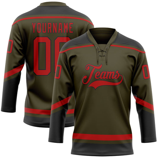 Custom Olive Red-Black Salute To Service Hockey Lace Neck Jersey - Sky-Custom