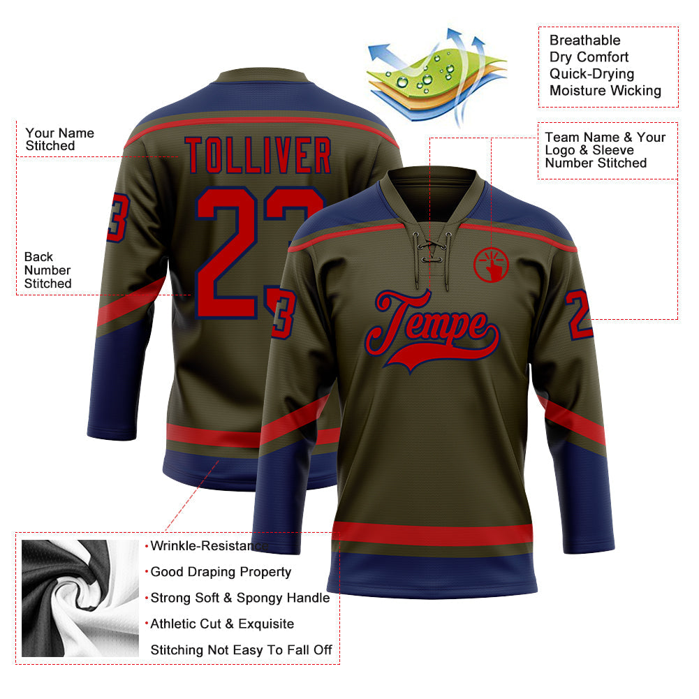 Custom Olive Red-Navy Salute To Service Hockey Lace Neck Jersey - Sky-Custom