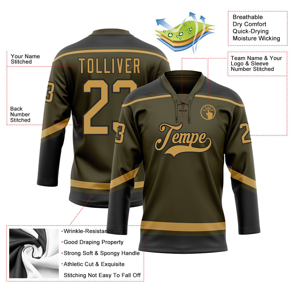 Custom Olive Old Gold-Black Salute To Service Hockey Lace Neck Jersey - Sky-Custom