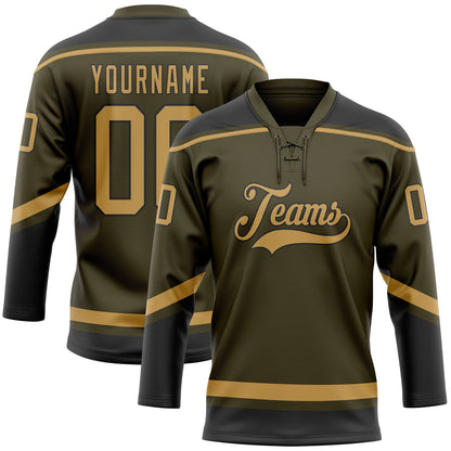 Custom Olive Old Gold-Black Salute To Service Hockey Lace Neck Jersey - Sky-Custom