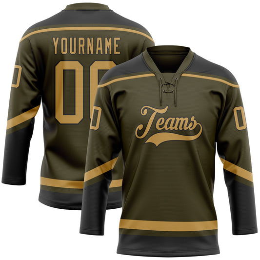 Custom Olive Old Gold-Black Salute To Service Hockey Lace Neck Jersey - Sky-Custom