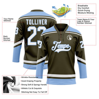 Custom Olive White-Light Blue Salute To Service Hockey Lace Neck Jersey - Sky-Custom