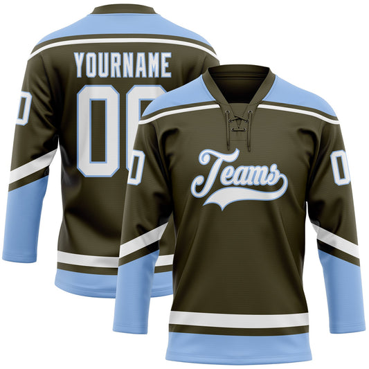 Custom Olive White-Light Blue Salute To Service Hockey Lace Neck Jersey - Sky-Custom