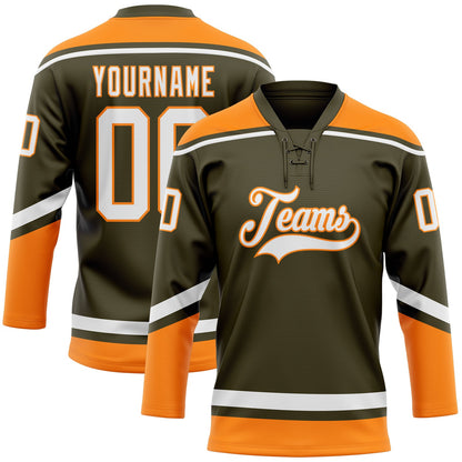 Custom Olive White-Bay Orange Salute To Service Hockey Lace Neck Jersey - Sky-Custom
