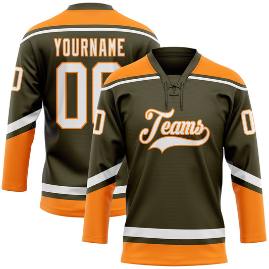 Custom Olive White-Bay Orange Salute To Service Hockey Lace Neck Jersey - Sky-Custom