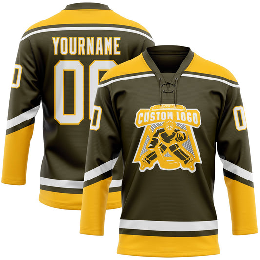 Custom Olive White-Gold Salute To Service Hockey Lace Neck Jersey - Sky-Custom