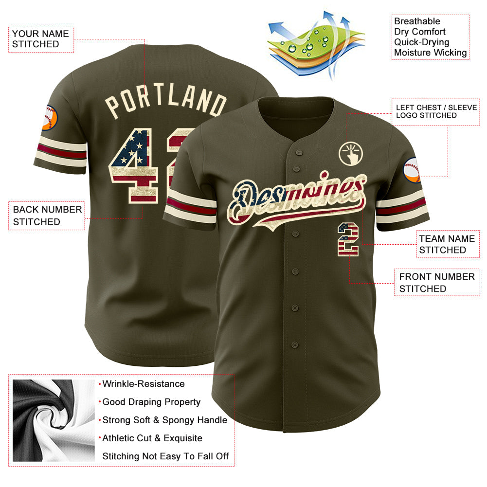 Custom Olive Vintage USA Flag Cream-Crimson Authentic Salute To Service Baseball Jersey - Sky-Custom