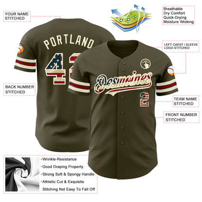 Custom Olive Vintage USA Flag Cream-Crimson Authentic Salute To Service Baseball Jersey - Sky-Custom
