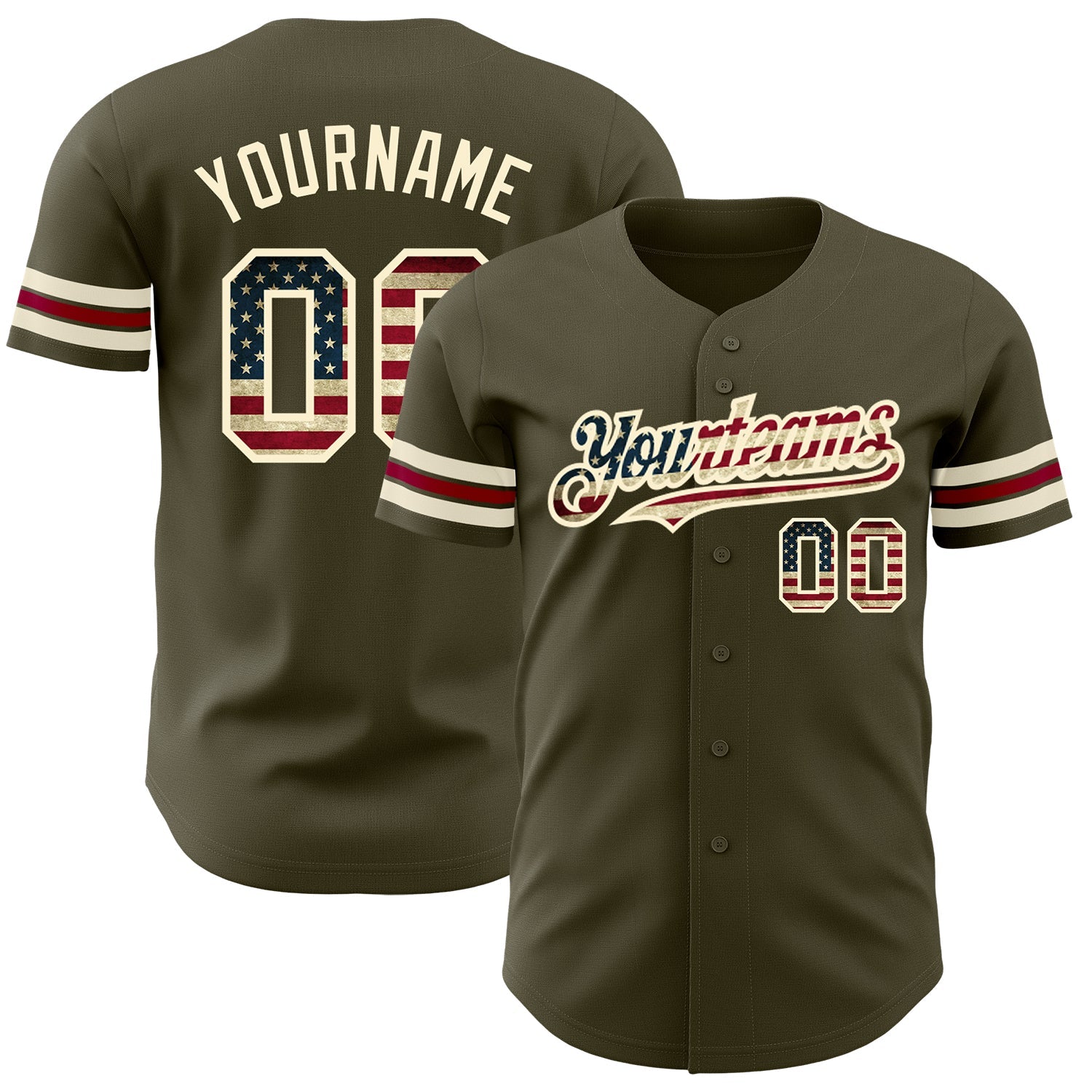 Custom Olive Vintage USA Flag Cream-Crimson Authentic Salute To Service Baseball Jersey - Sky-Custom