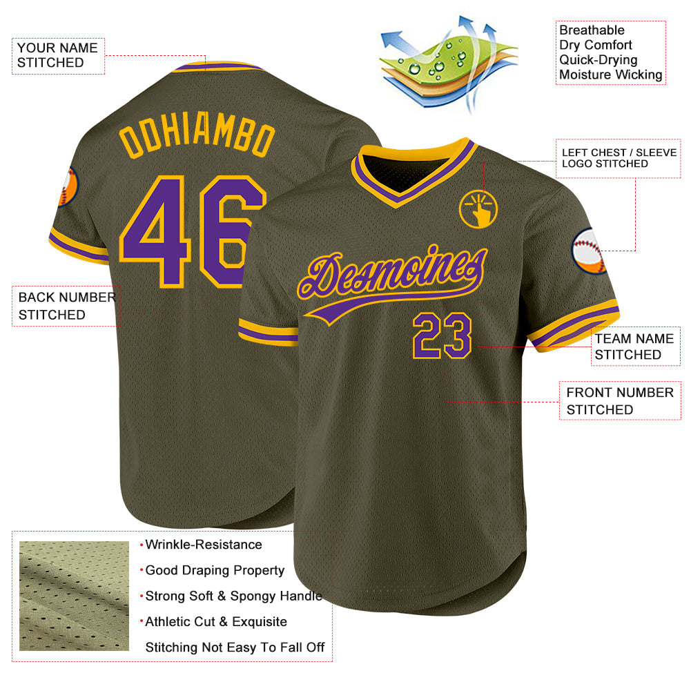 Custom Olive Purple-Gold Authentic Throwback Salute To Service Baseball Jersey - Sky-Custom