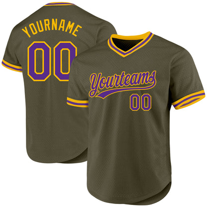 Custom Olive Purple-Gold Authentic Throwback Salute To Service Baseball Jersey - Sky-Custom