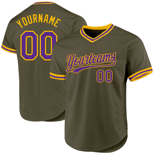 Custom Olive Purple-Gold Authentic Throwback Salute To Service Baseball Jersey - Sky-Custom