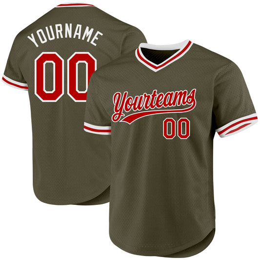 Custom Olive Red-White Authentic Throwback Salute To Service Baseball Jersey - Sky-Custom