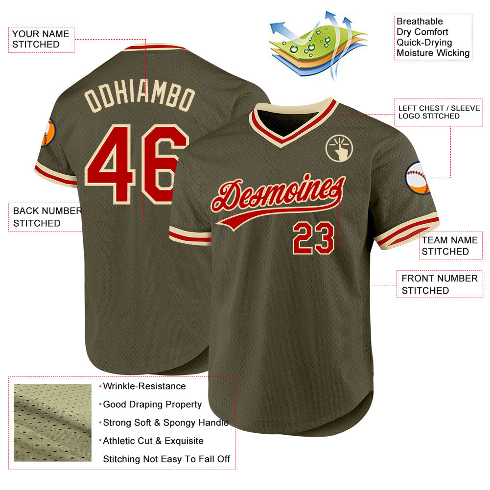 Custom Olive Red-Cream Authentic Throwback Salute To Service Baseball Jersey - Sky-Custom