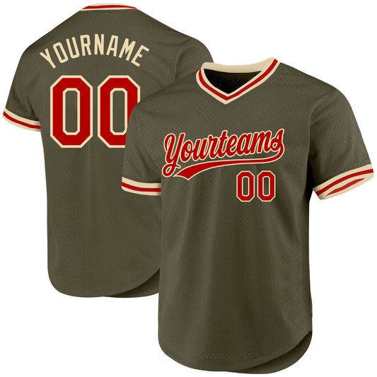 Custom Olive Red-Cream Authentic Throwback Salute To Service Baseball Jersey - Sky-Custom