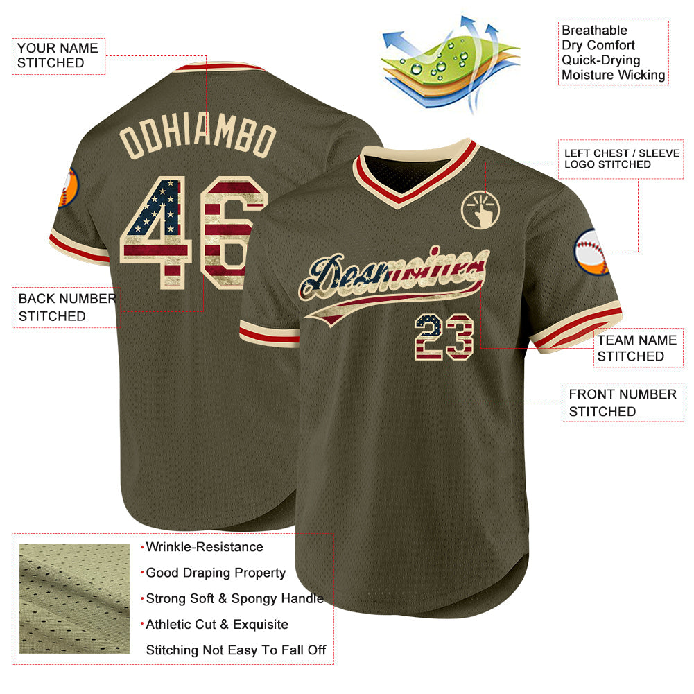 Custom Olive Vintage USA Flag Cream-Red Authentic Throwback Salute To Service Baseball Jersey - Sky-Custom