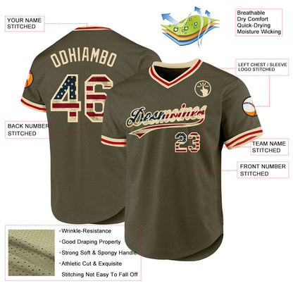 Custom Olive Vintage USA Flag Cream-Red Authentic Throwback Salute To Service Baseball Jersey - Sky-Custom