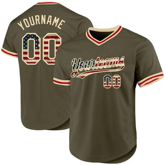 Custom Olive Vintage USA Flag Cream-Red Authentic Throwback Salute To Service Baseball Jersey - Sky-Custom