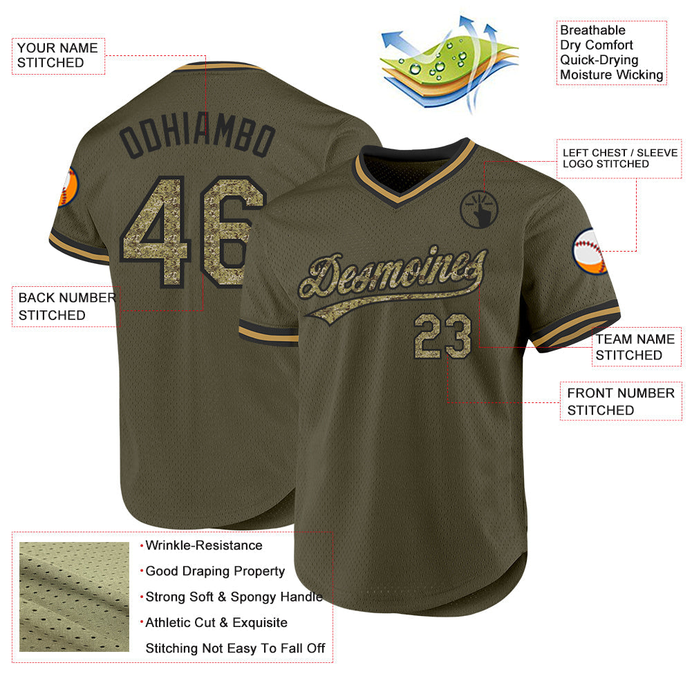 Custom Olive Camo Black-Old Gold Authentic Throwback Salute To Service Baseball Jersey - Sky-Custom