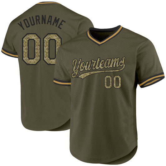 Custom Olive Camo Black-Old Gold Authentic Throwback Salute To Service Baseball Jersey - Sky-Custom
