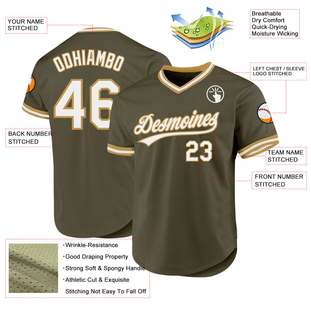 Custom Olive White-Old Gold Authentic Throwback Salute To Service Baseball Jersey - Sky-Custom