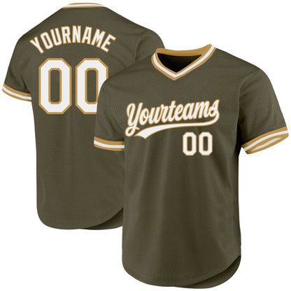 Custom Olive White-Old Gold Authentic Throwback Salute To Service Baseball Jersey - Sky-Custom