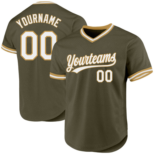 Custom Olive White-Old Gold Authentic Throwback Salute To Service Baseball Jersey - Sky-Custom