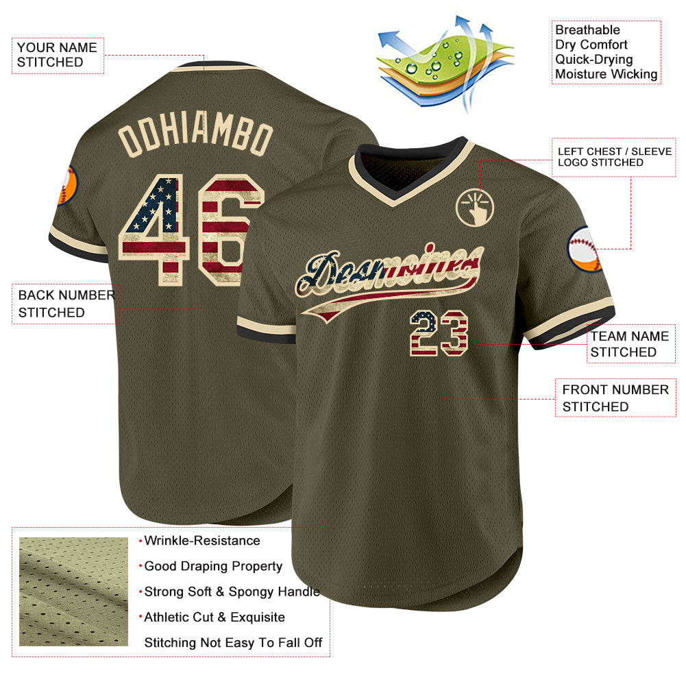 Custom Olive Vintage USA Flag Cream-Black Authentic Throwback Salute To Service Baseball Jersey - Sky-Custom