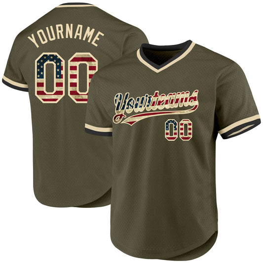Custom Olive Vintage USA Flag Cream-Black Authentic Throwback Salute To Service Baseball Jersey - Sky-Custom