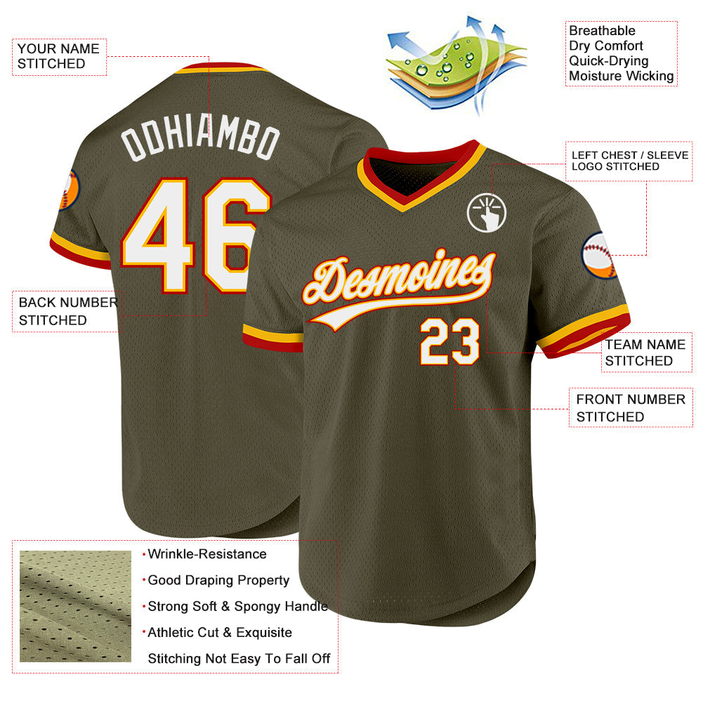 Custom Olive Gold-Red Authentic Throwback Salute To Service Baseball Jersey - Sky-Custom
